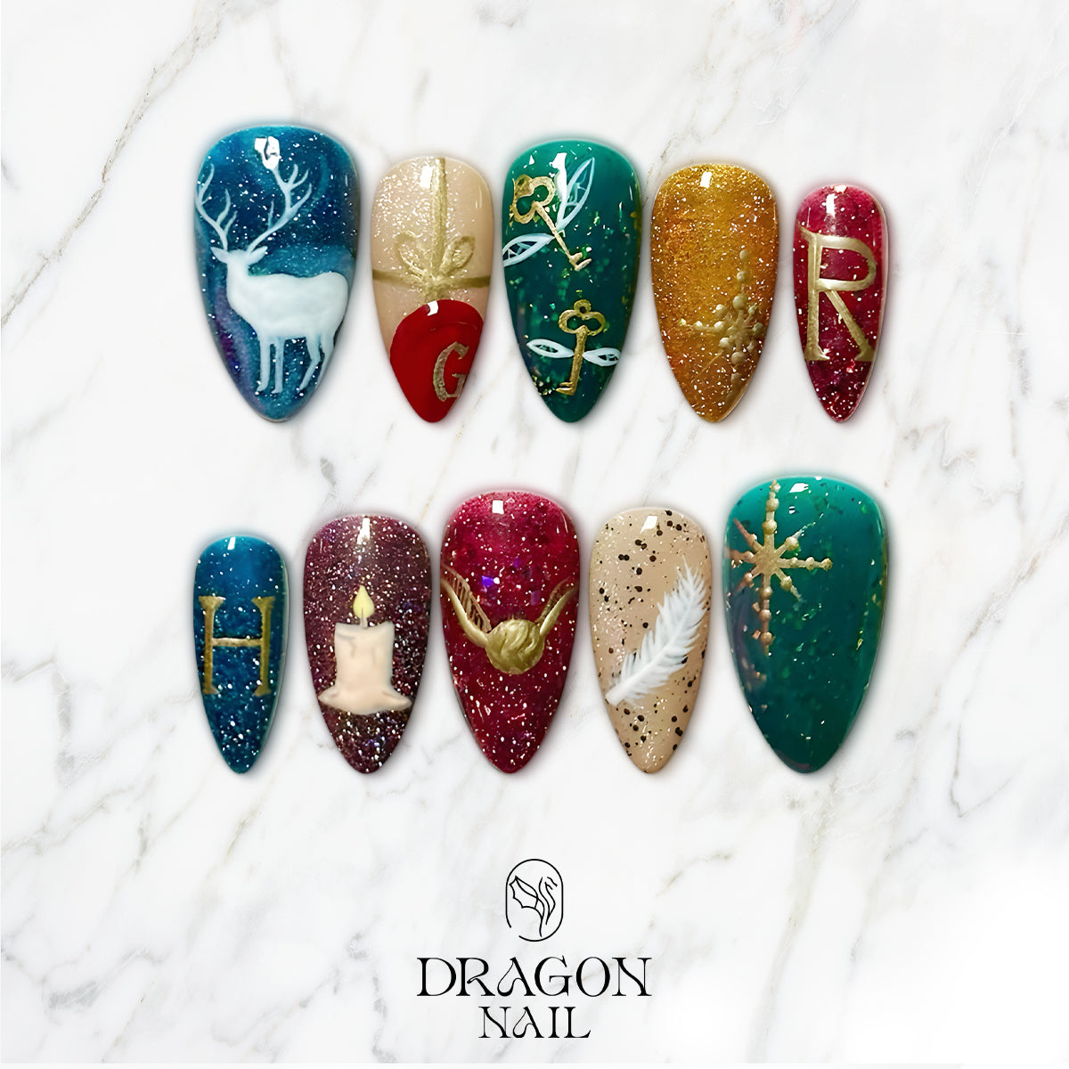 Harry Potter-Inspired Christmas Nails, Magical Glitter Press-On Nail Set, Golden Snitch &amp; Patronus Design