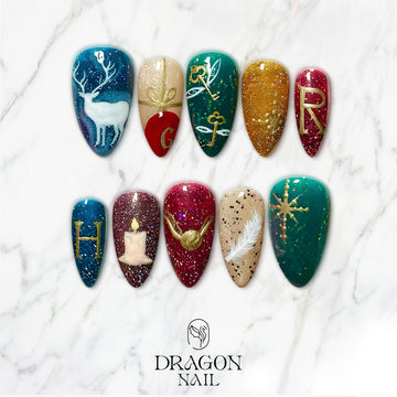 Harry Potter-Inspired Christmas Nails, Magical Glitter Press-On Nail Set, Golden Snitch &amp; Patronus Design
