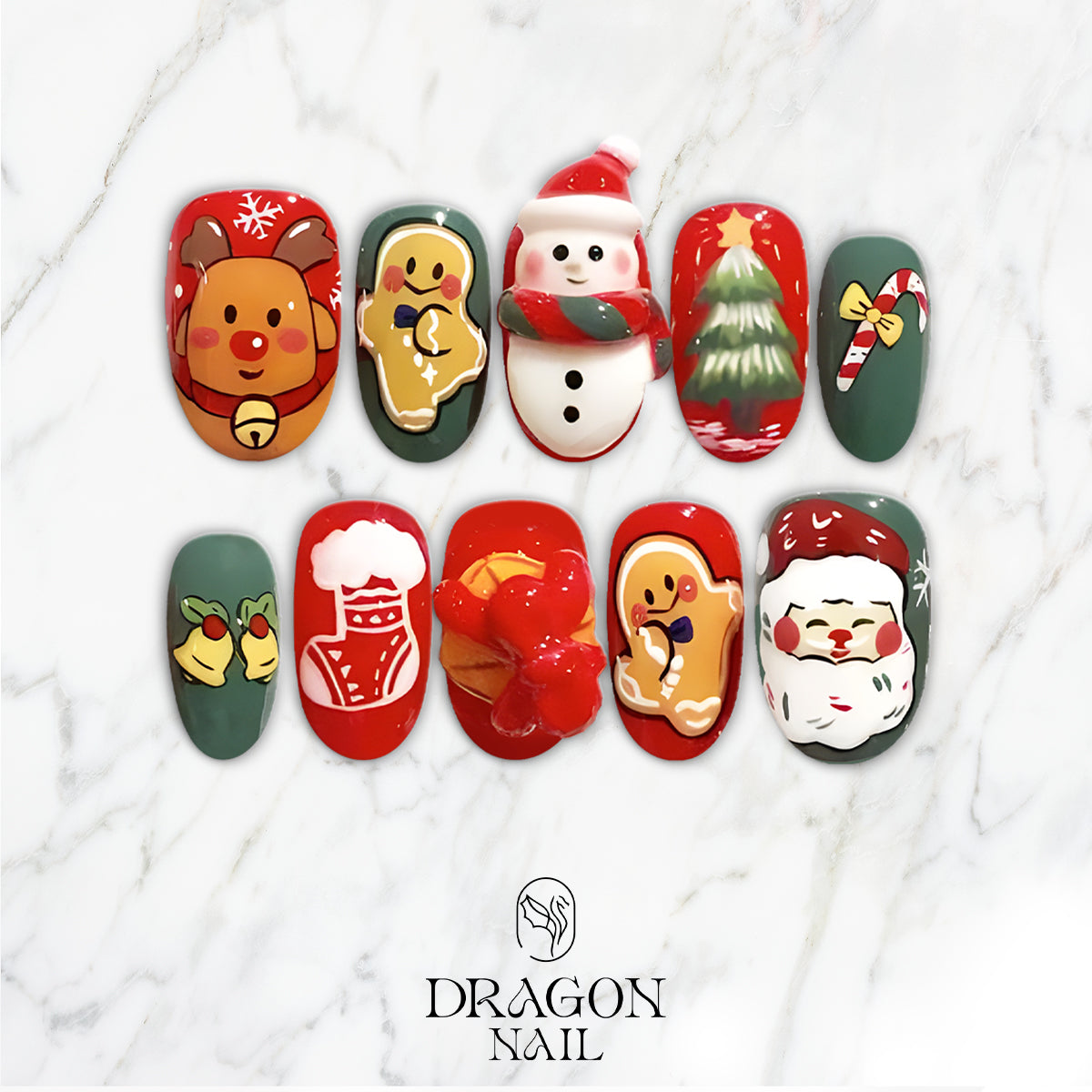 3D Christmas Press-On Nails, Cute Santa, Snowman &amp; Gingerbread Holiday Nail Set, Red &amp; Green Festive Nails