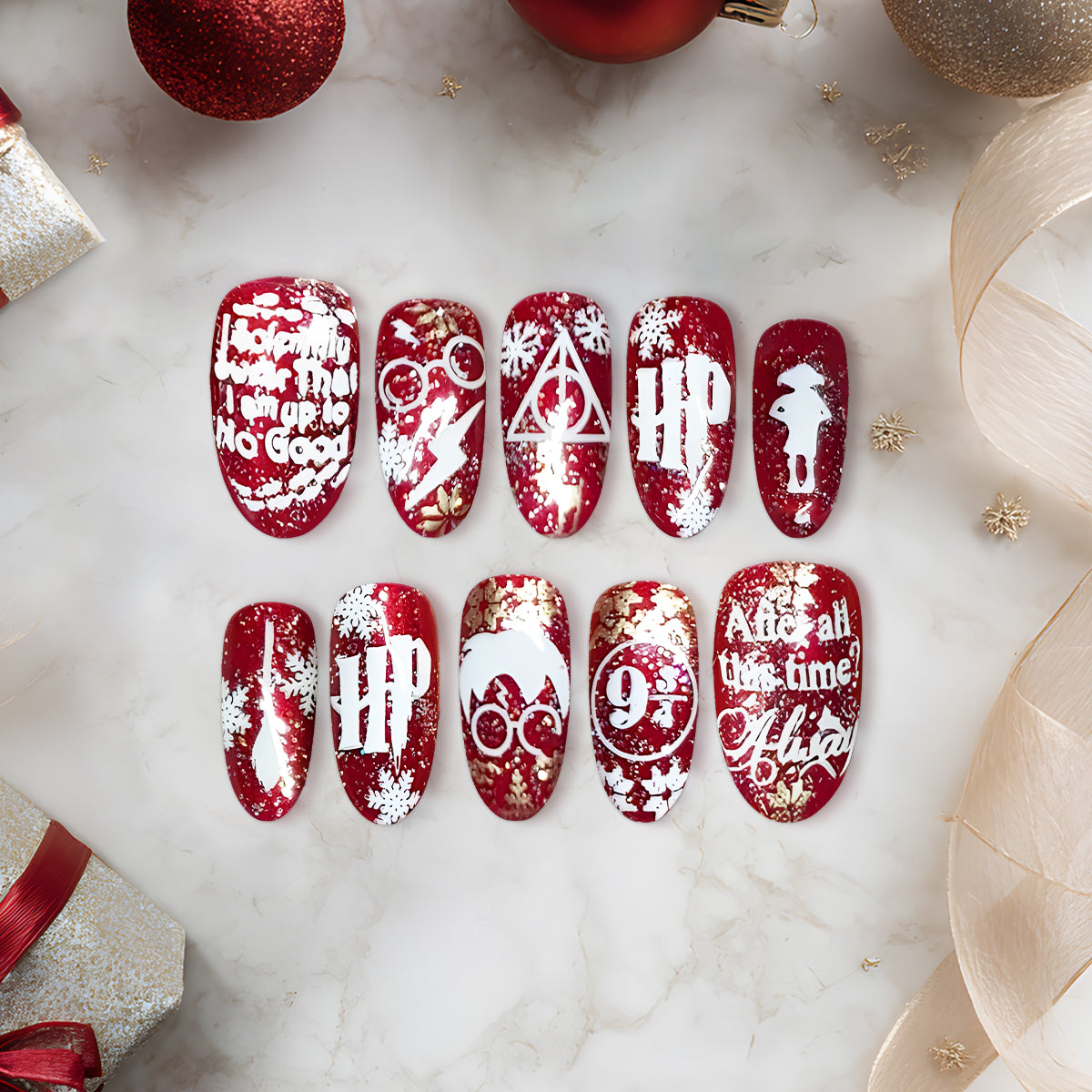 Harry Potter Christmas Nails, Red Glitter Holiday Nail Art, Magic Wizard Theme Manicure