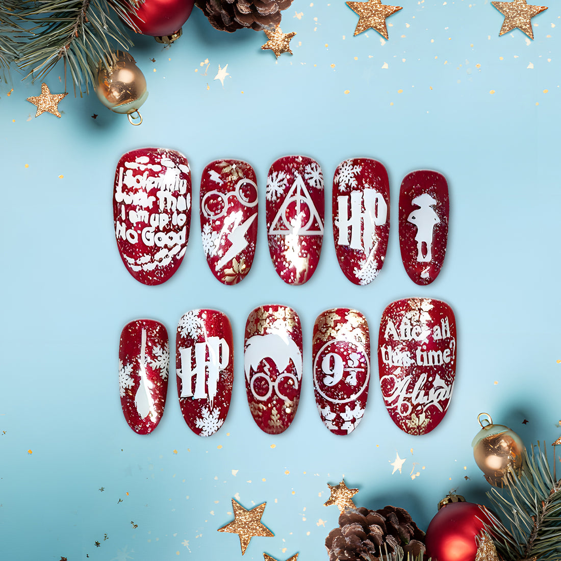 Harry Potter Christmas Nails, Red Glitter Holiday Nail Art, Magic Wizard Theme Manicure