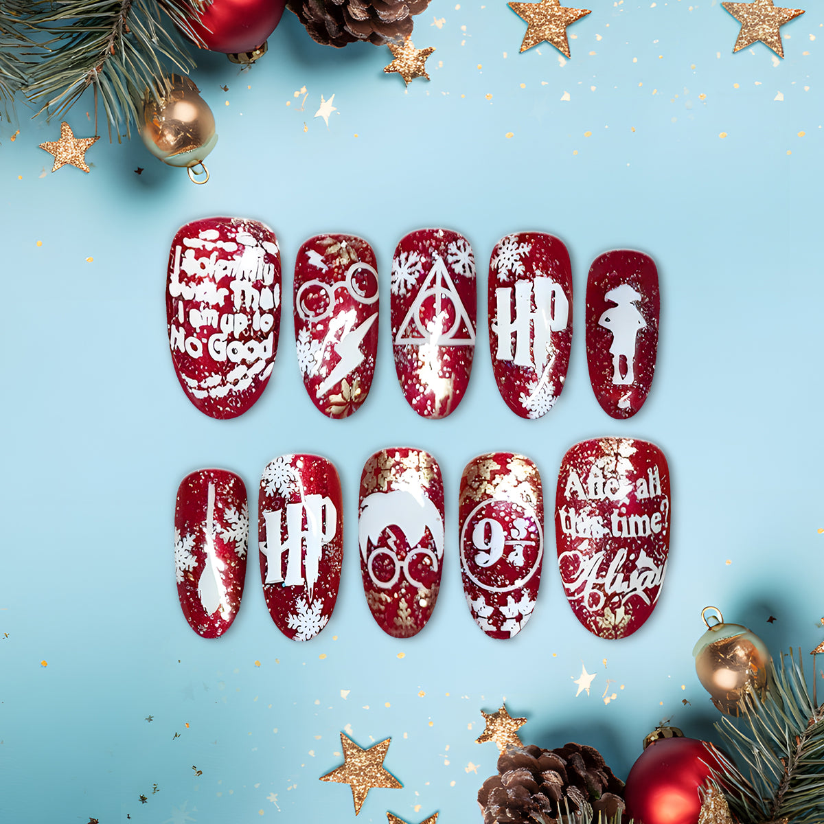 Harry Potter Christmas Nails, Red Glitter Holiday Nail Art, Magic Wizard Theme Manicure