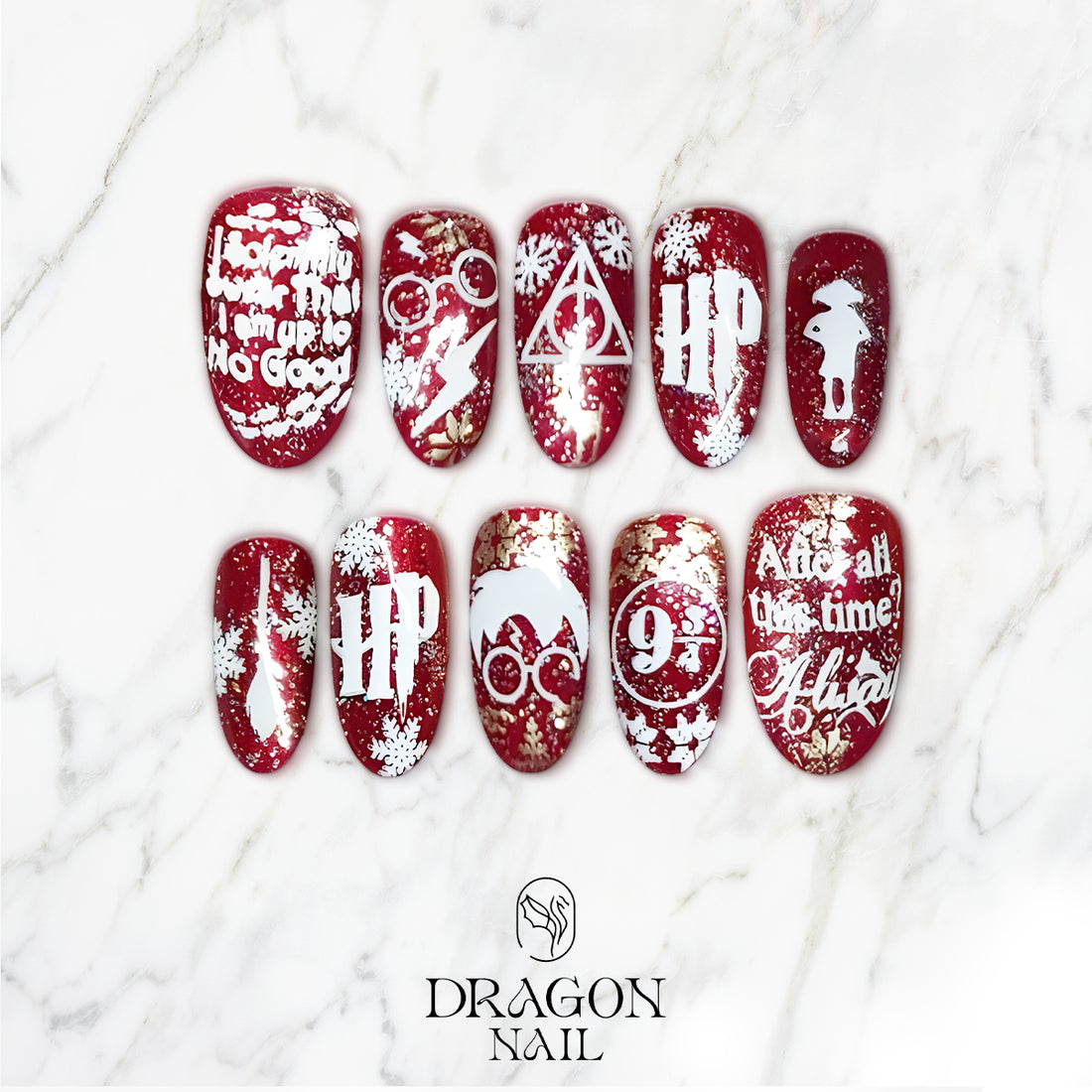 Harry Potter Christmas Nails, Red Glitter Holiday Nail Art, Magic Wizard Theme Manicure