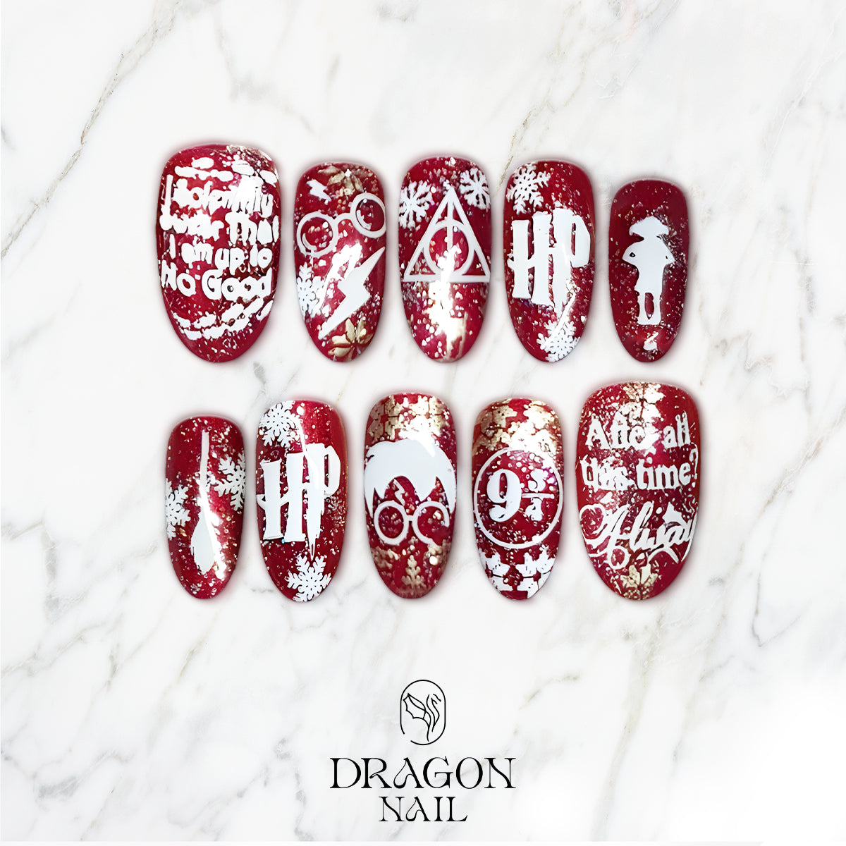 Harry Potter Christmas Nails, Red Glitter Holiday Nail Art, Magic Wizard Theme Manicure