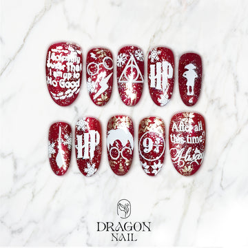 Harry Potter Christmas Nails, Red Glitter Holiday Nail Art, Magic Wizard Theme Manicure