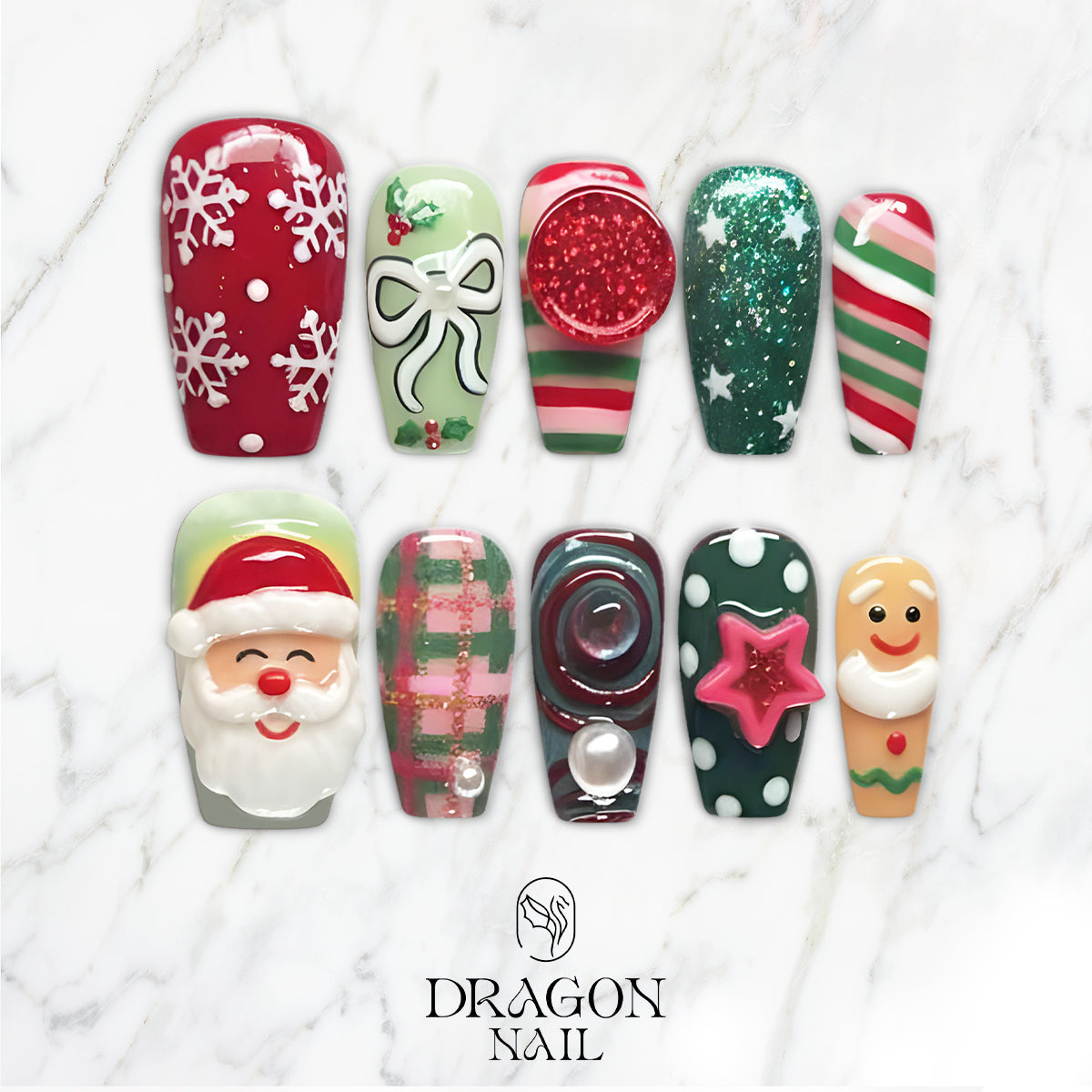 Festive Christmas Press-On Nails, Santa &amp; Gingerbread 3D Nail Set with Snowflake, Bow &amp; Candy Stripe Designs