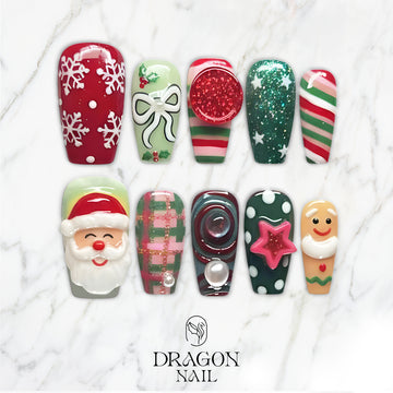 Festive Christmas Press-On Nails, Santa &amp; Gingerbread 3D Nail Set with Snowflake, Bow &amp; Candy Stripe Designs