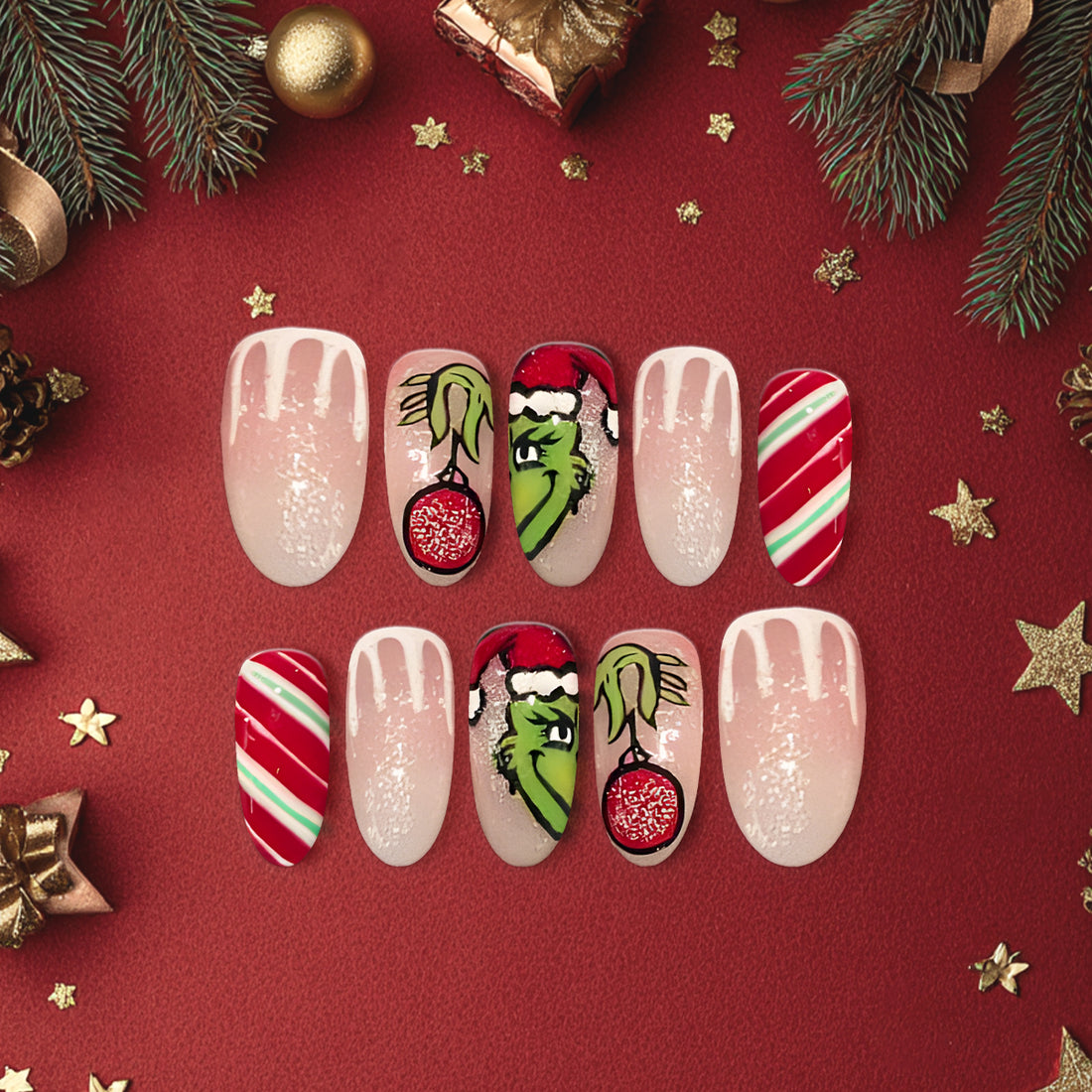 The Grinch Christmas Nails, Holiday Glitter Nail Art, Red &amp; Green Candy Cane Design