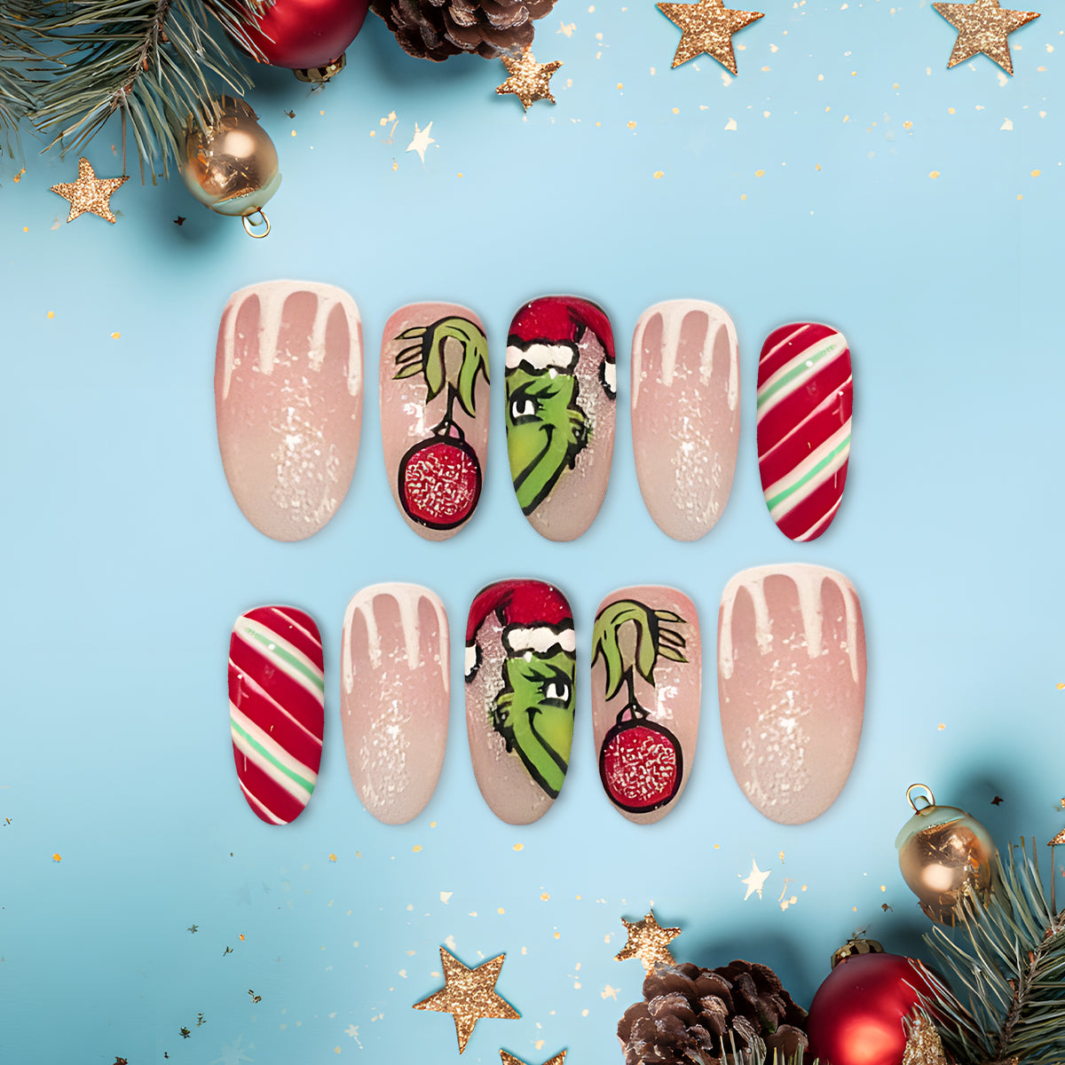 The Grinch Christmas Nails, Holiday Glitter Nail Art, Red &amp; Green Candy Cane Design