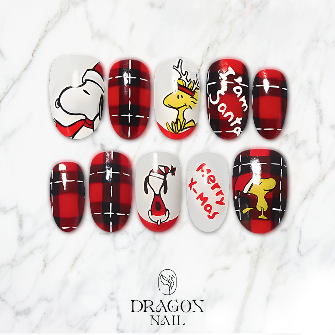 Snoopy Christmas Press-On Nails, Red Plaid &amp; Cartoon Holiday Nail Set, Cute “Merry X-Mas” Winter Nails