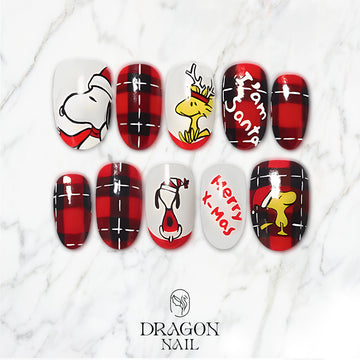Snoopy Christmas Press-On Nails, Red Plaid &amp; Cartoon Holiday Nail Set, Cute “Merry X-Mas” Winter Nails