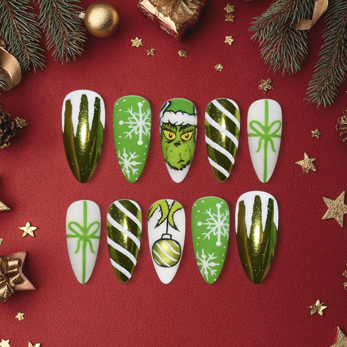 Green Grinch Christmas Nails, Snowflake &amp; Candy Stripe Nail Art, Holiday Gift Design