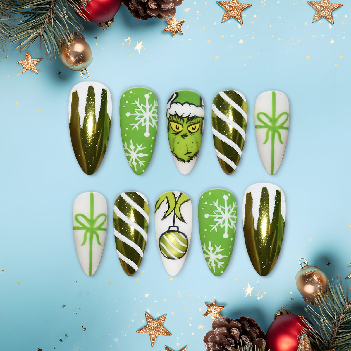 Green Grinch Christmas Nails, Snowflake &amp; Candy Stripe Nail Art, Holiday Gift Design