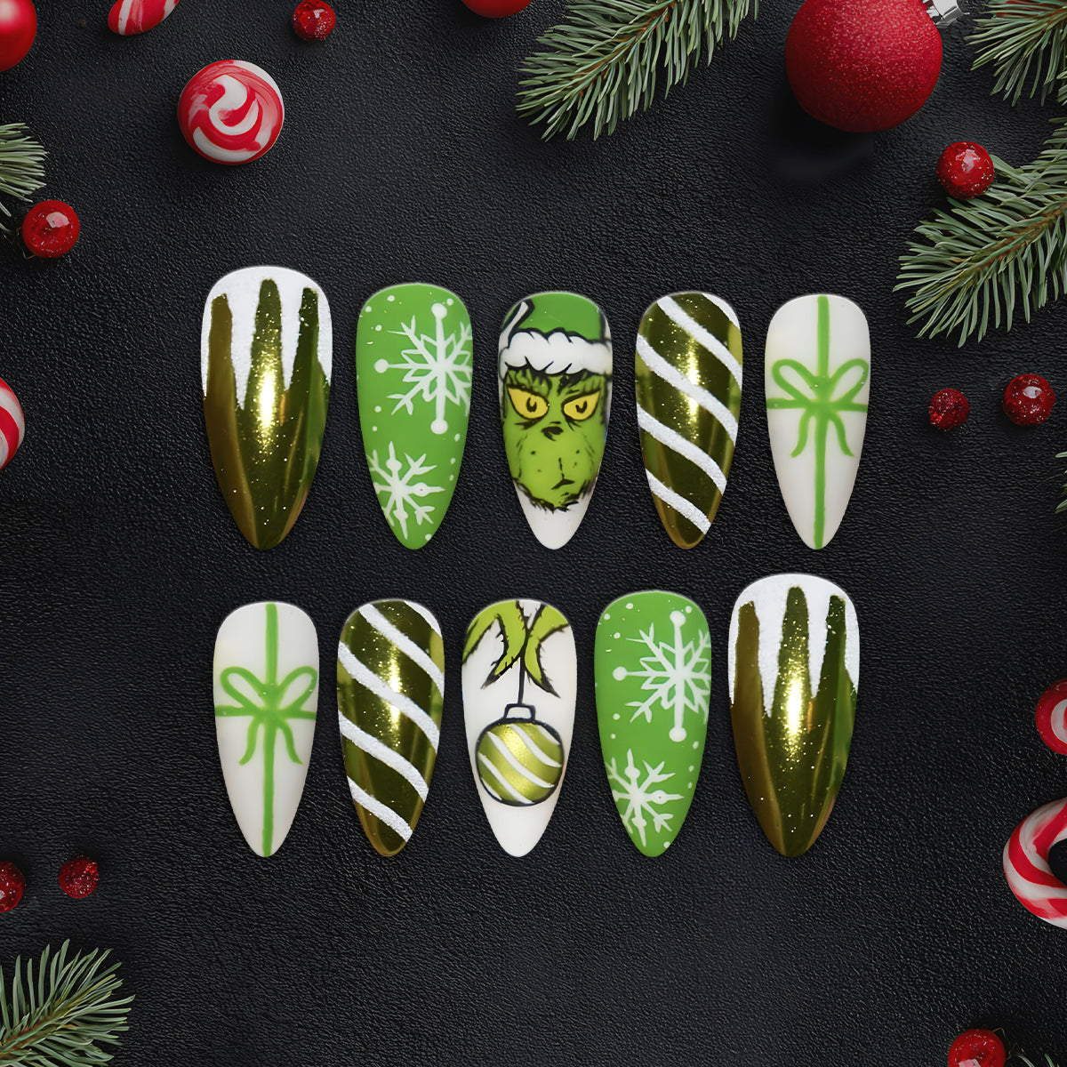 Green Grinch Christmas Nails, Snowflake &amp; Candy Stripe Nail Art, Holiday Gift Design