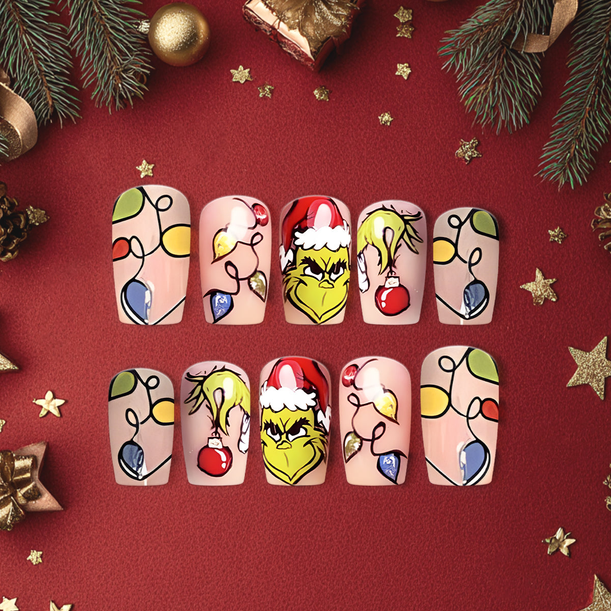 Grinch Christmas Nails, Holiday Light Nail Art, Funny Santa Design