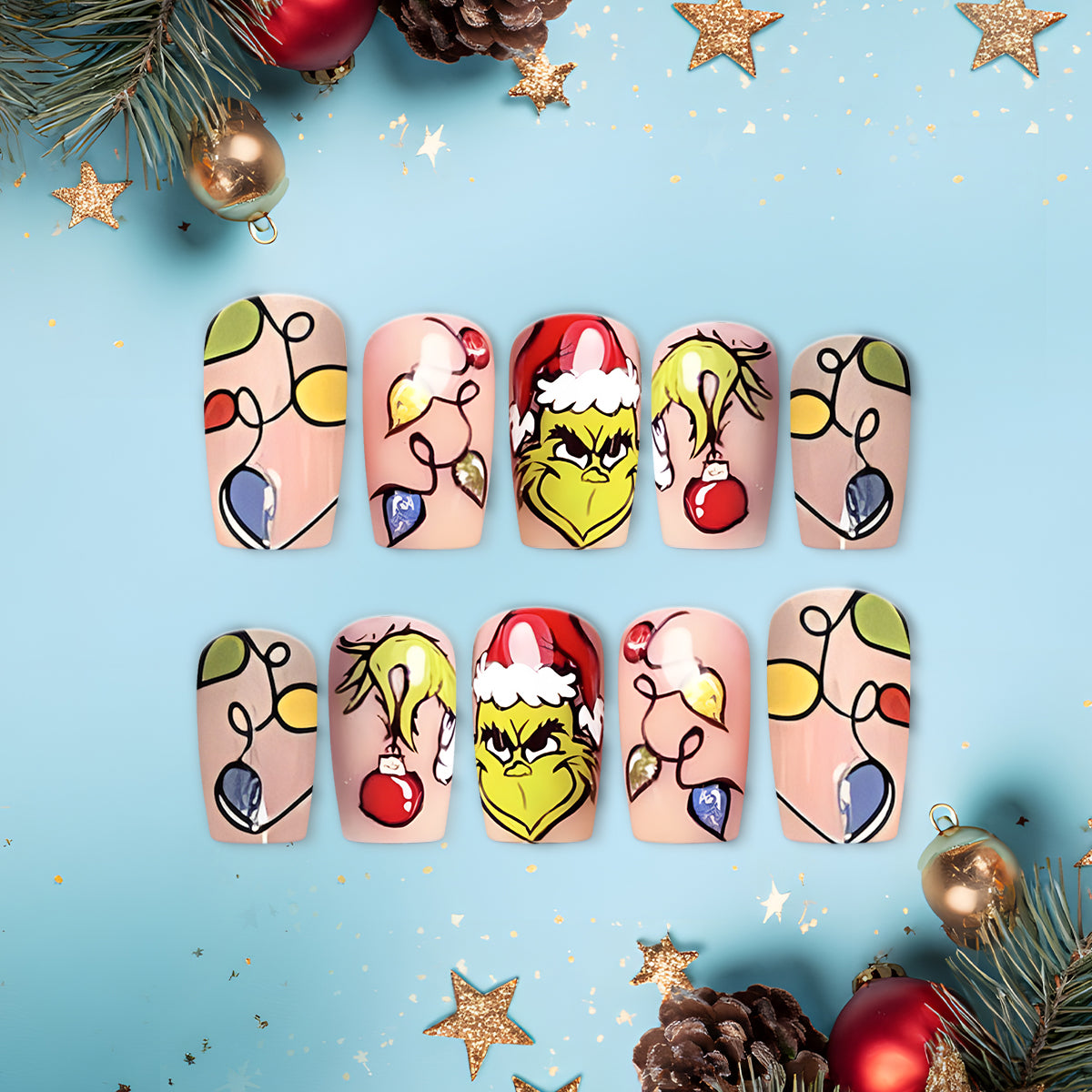 Grinch Christmas Nails, Holiday Light Nail Art, Funny Santa Design