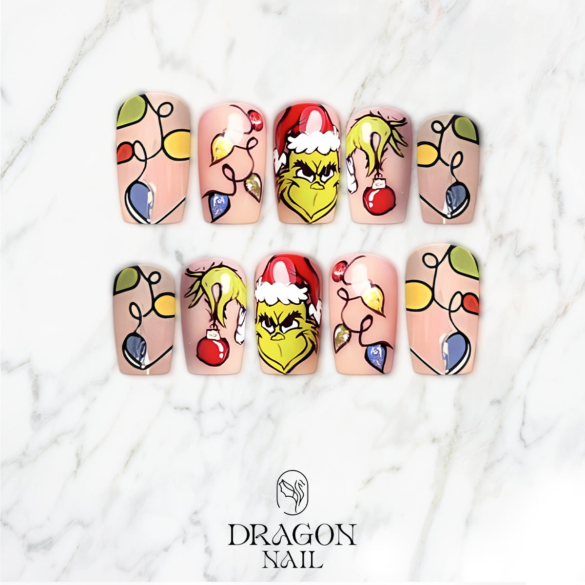 Grinch Christmas Nails, Holiday Light Nail Art, Funny Santa Design