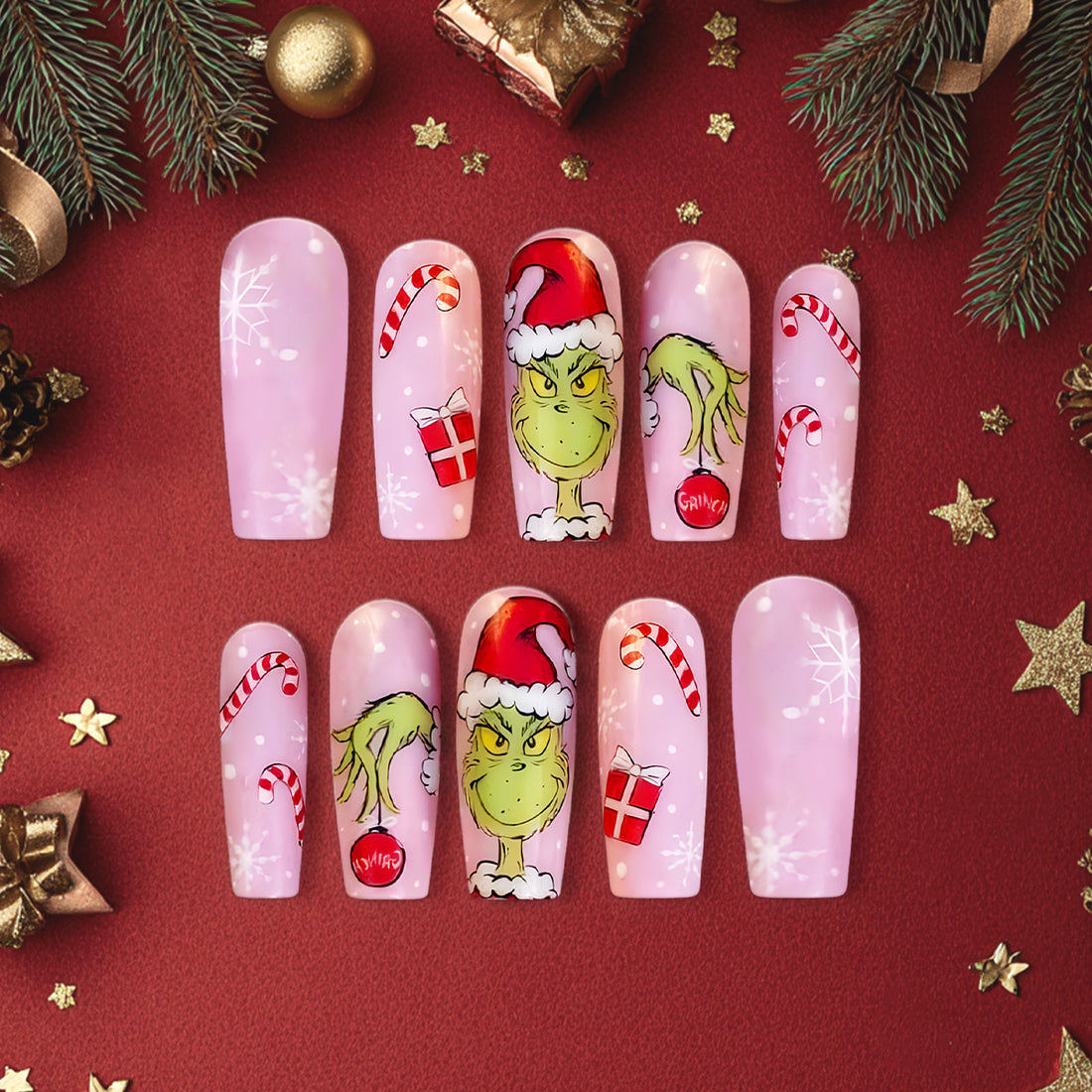 Pink Grinch Christmas Nails, Candy Cane &amp; Gift Nail Art, Cute Holiday Nail Design