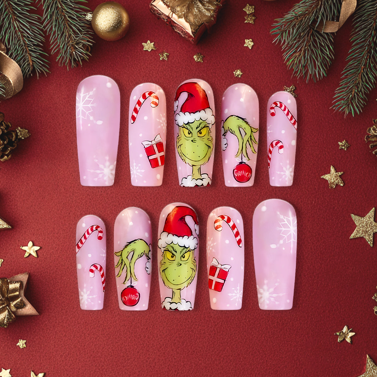 Pink Grinch Christmas Nails, Candy Cane &amp; Gift Nail Art, Cute Holiday Nail Design