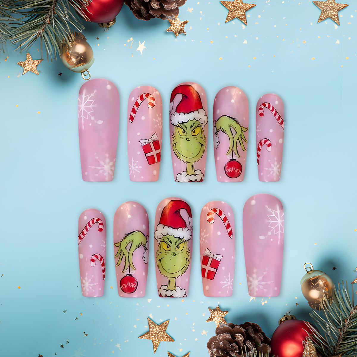 Pink Grinch Christmas Nails, Candy Cane &amp; Gift Nail Art, Cute Holiday Nail Design