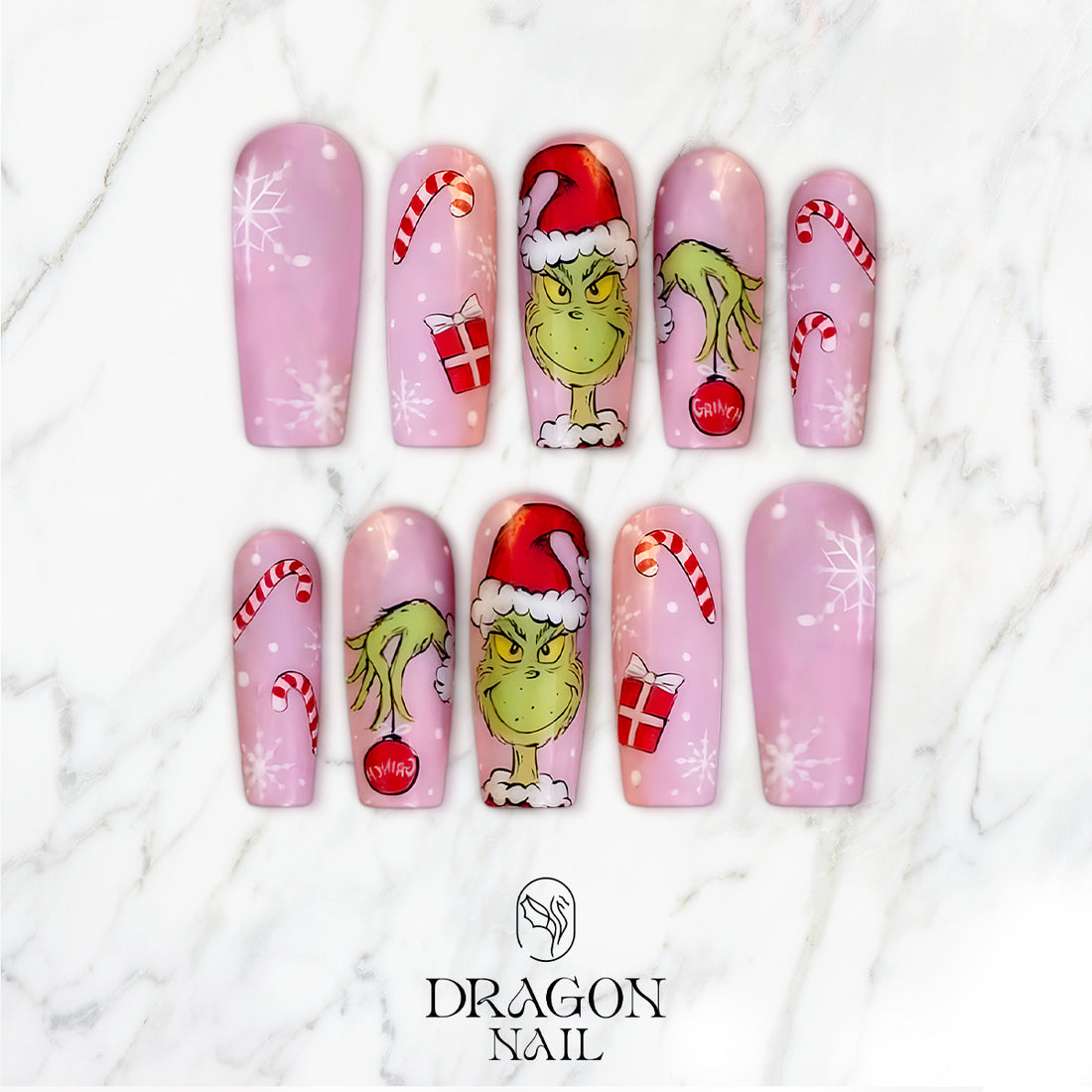 Pink Grinch Christmas Nails, Candy Cane &amp; Gift Nail Art, Cute Holiday Nail Design