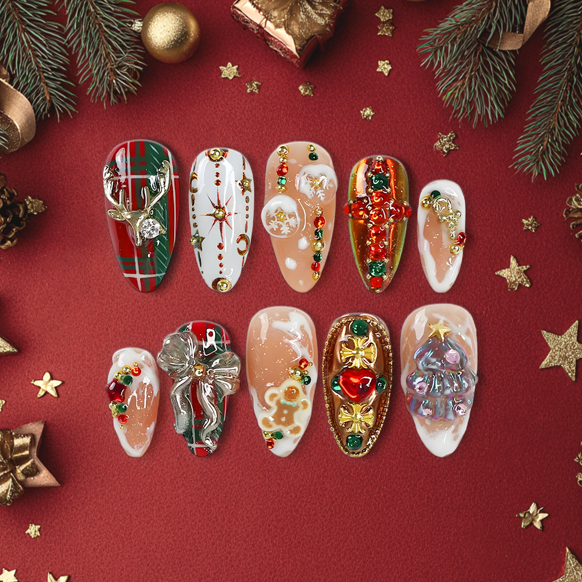 3D Christmas Press On Nails, Reindeer Plaid &amp; Gingerbread Holiday Nail Art Set, Luxury Handmade Festive Nails