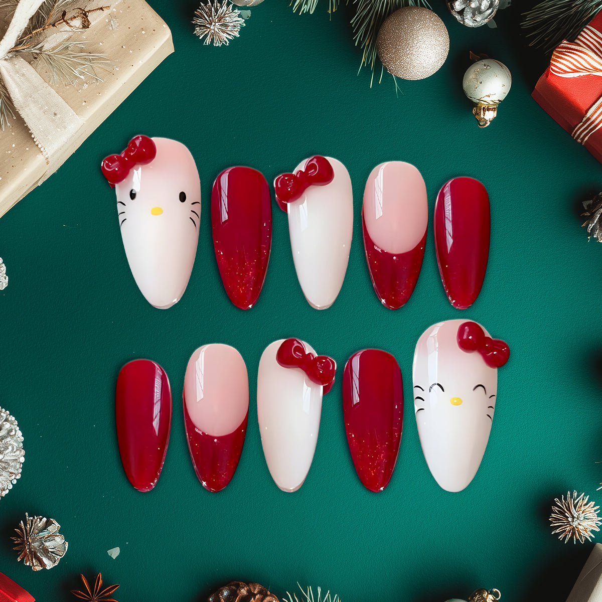 Hello Kitty Red Bow Nails, Cute Pink &amp; Red Nail Art, Girly Kawaii Press On Nails