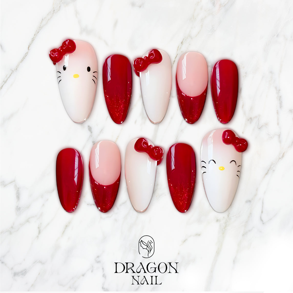 Hello Kitty Red Bow Nails, Cute Pink &amp; Red Nail Art, Girly Kawaii Press On Nails