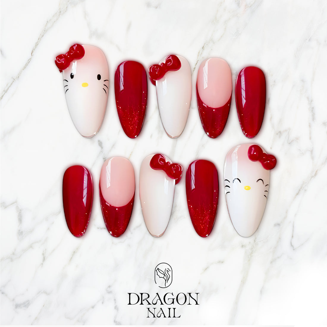 Hello Kitty Red Bow Nails, Cute Pink &amp; Red Nail Art, Girly Kawaii Press On Nails