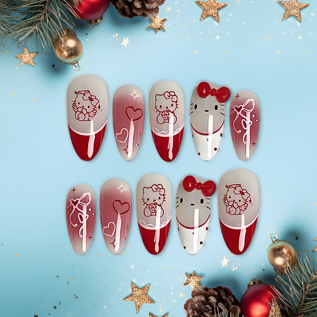 Hello Kitty Valentine Nails, Red &amp; White Cute Heart Nail Art, Kawaii Press On Nails