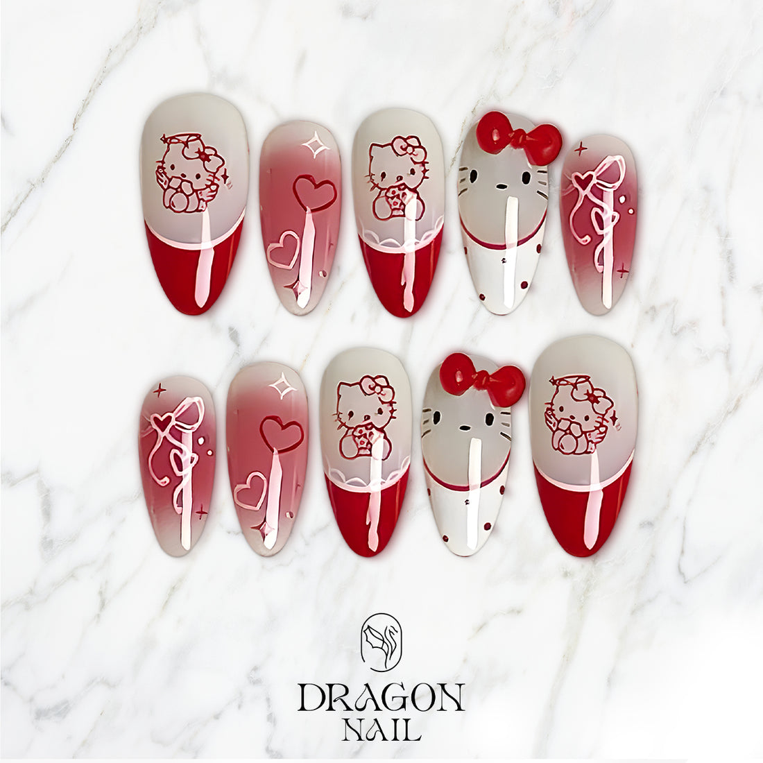 Hello Kitty Valentine Nails, Red &amp; White Cute Heart Nail Art, Kawaii Press On Nails