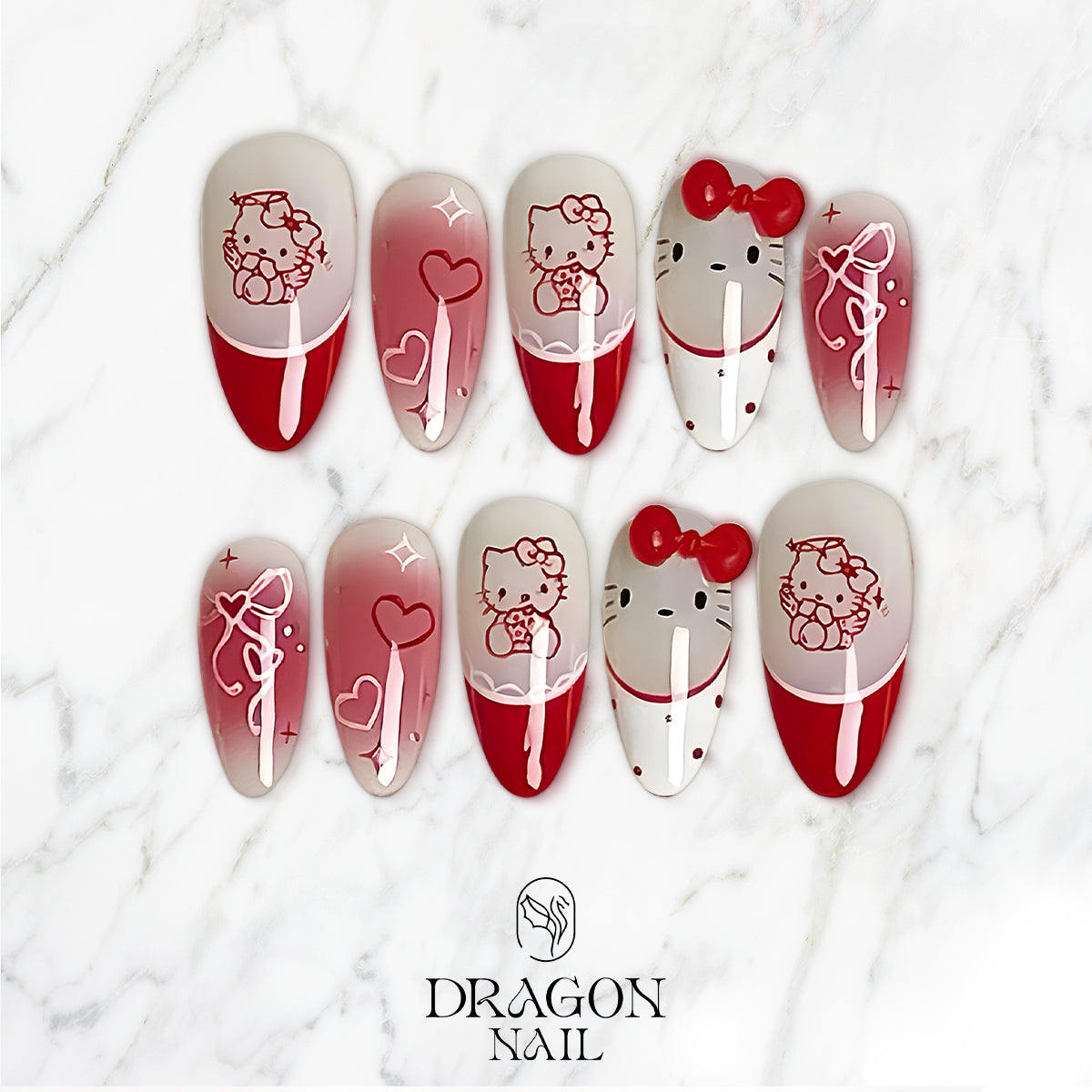 Hello Kitty Valentine Nails, Red &amp; White Cute Heart Nail Art, Kawaii Press On Nails