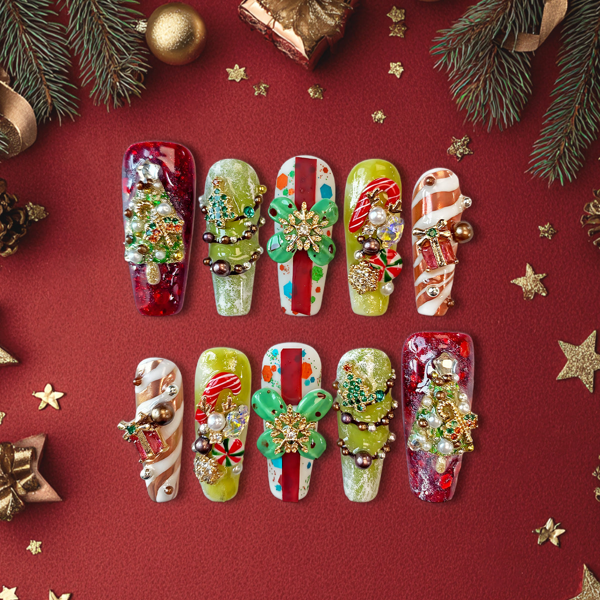 Luxury 3D Christmas Press On Nails, Candy Cane &amp; Tree Design with Pearls and Rhinestones, Holiday Nail Art Set