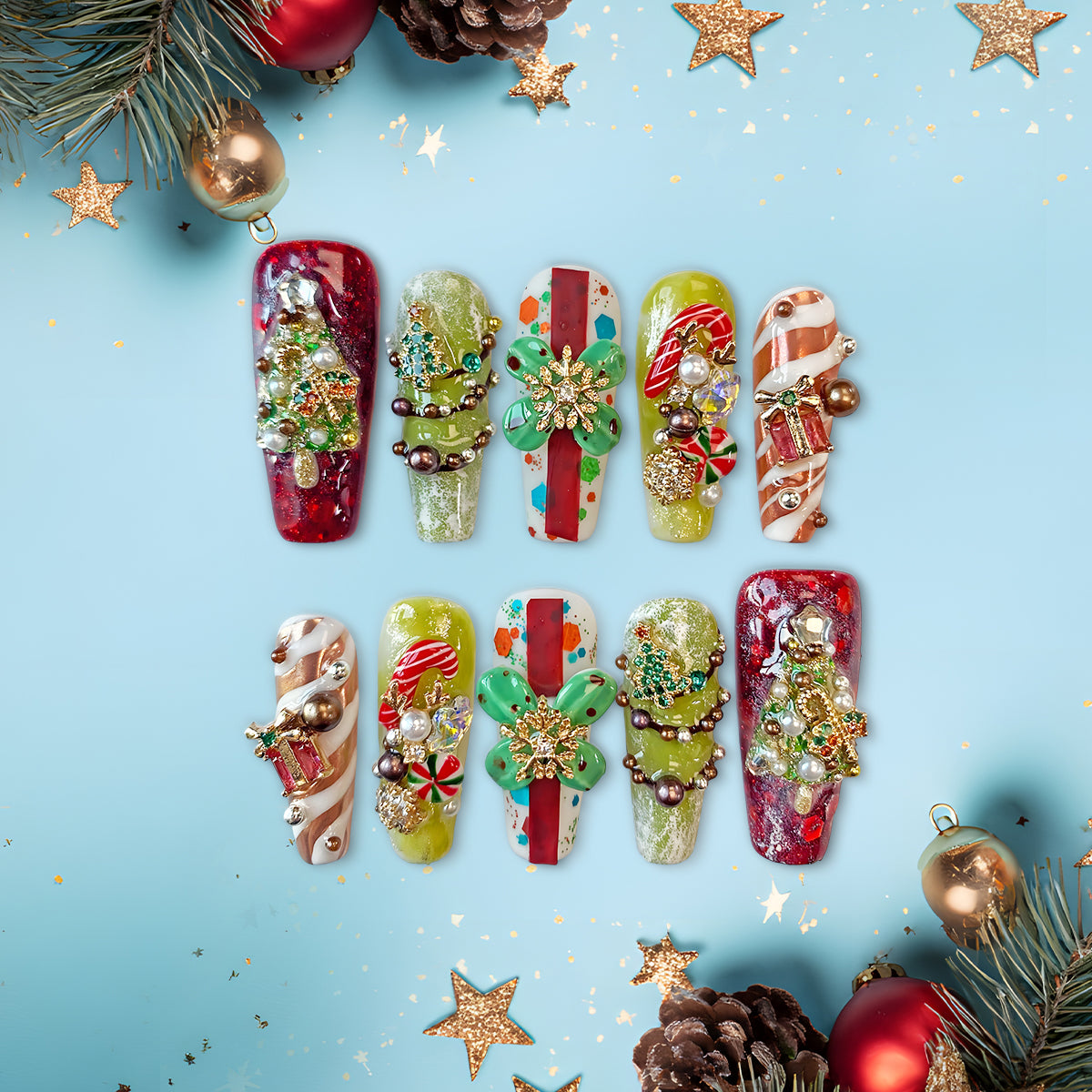 Luxury 3D Christmas Press On Nails, Candy Cane &amp; Tree Design with Pearls and Rhinestones, Holiday Nail Art Set