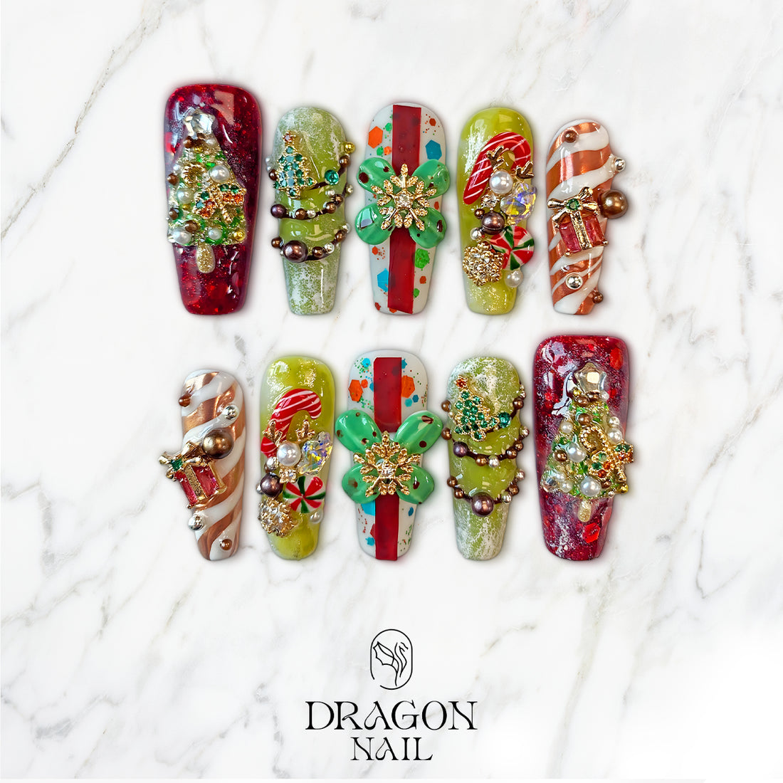 Luxury 3D Christmas Press On Nails, Candy Cane &amp; Tree Design with Pearls and Rhinestones, Holiday Nail Art Set