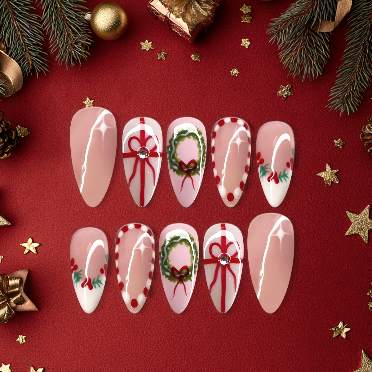 Christmas Wreath &amp; Ribbon Press-On Nails, Pink and Red Holiday Nail Set with Festive Gift Bow &amp; Polka Dot Details — Elegant Winter Nails