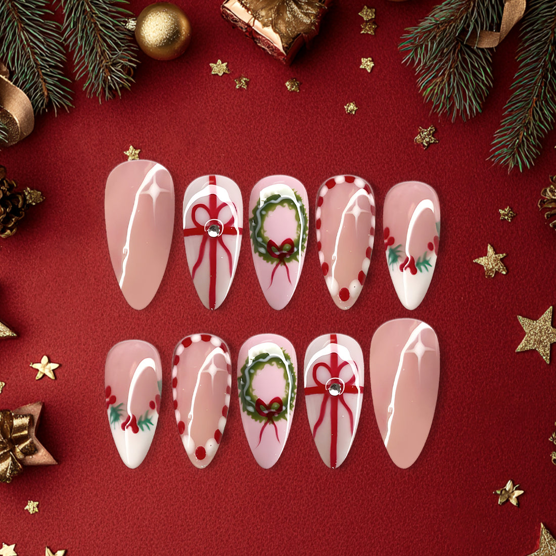 Christmas Wreath &amp; Ribbon Press-On Nails, Pink and Red Holiday Nail Set with Festive Gift Bow &amp; Polka Dot Details — Elegant Winter Nails