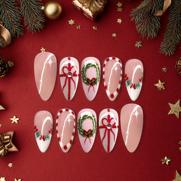 Christmas Wreath &amp; Ribbon Press-On Nails, Pink and Red Holiday Nail Set with Festive Gift Bow &amp; Polka Dot Details — Elegant Winter Nails