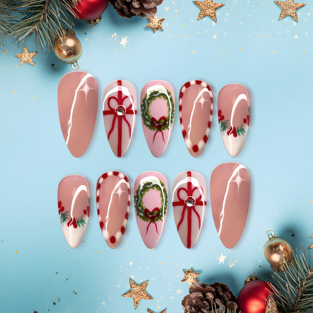 Christmas Wreath &amp; Ribbon Press-On Nails, Pink and Red Holiday Nail Set with Festive Gift Bow &amp; Polka Dot Details — Elegant Winter Nails