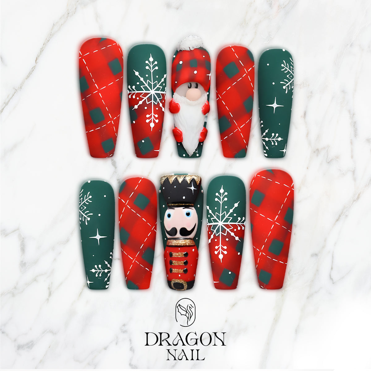 Plaid Nutcracker &amp; Gnome Christmas Press-On Nails, Red &amp; Green Matte Holiday Nail Set with 3D Figures and Snowflake Patterns — Festive Handmade Nails