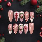 Christmas Wreath &amp; Ribbon Press-On Nails, Pink and Red Holiday Nail Set with Festive Gift Bow &amp; Polka Dot Details — Elegant Winter Nails