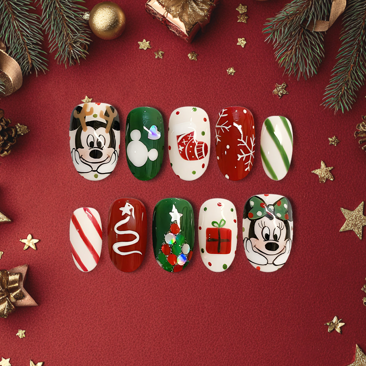 Christmas Cartoon Press On Nails, Red Green Holiday Nail Art Set with Reindeer &amp; Gift Designs, Cute Handmade Festive Nails