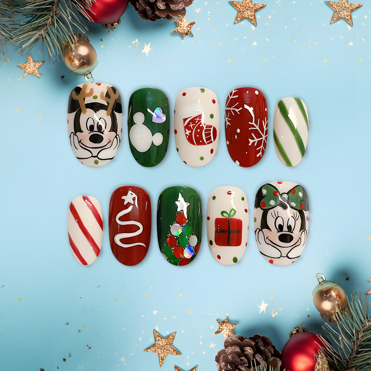 Christmas Cartoon Press On Nails, Red Green Holiday Nail Art Set with Reindeer &amp; Gift Designs, Cute Handmade Festive Nails