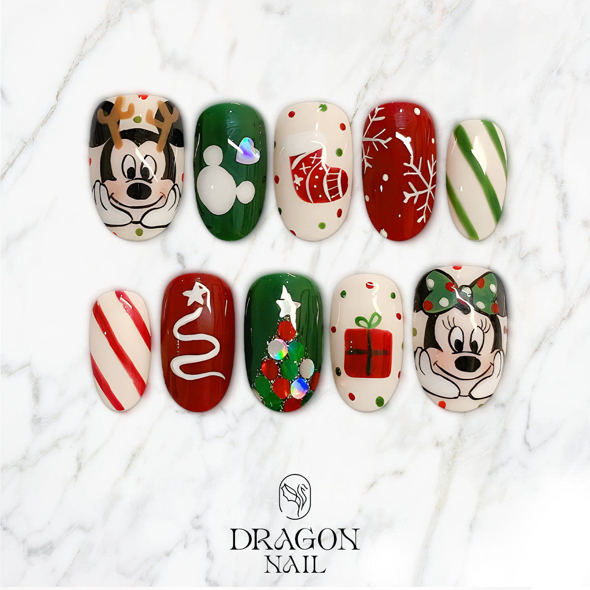 Christmas Cartoon Press On Nails, Red Green Holiday Nail Art Set with Reindeer &amp; Gift Designs, Cute Handmade Festive Nails