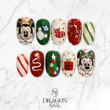Christmas Cartoon Press On Nails, Red Green Holiday Nail Art Set with Reindeer &amp; Gift Designs, Cute Handmade Festive Nails