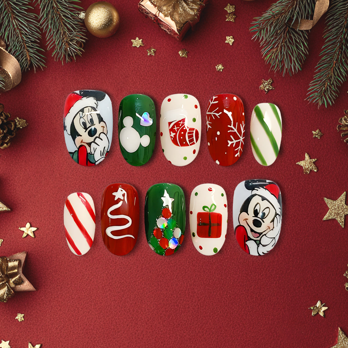 Cute Christmas Cartoon Press On Nails, Red Green Holiday Nail Art with Santa Characters &amp; Gift Design, Handmade Festive Nails