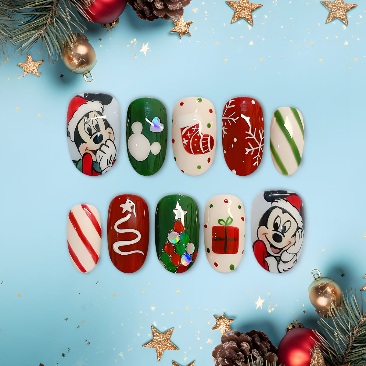 Cute Christmas Cartoon Press On Nails, Red Green Holiday Nail Art with Santa Characters &amp; Gift Design, Handmade Festive Nails