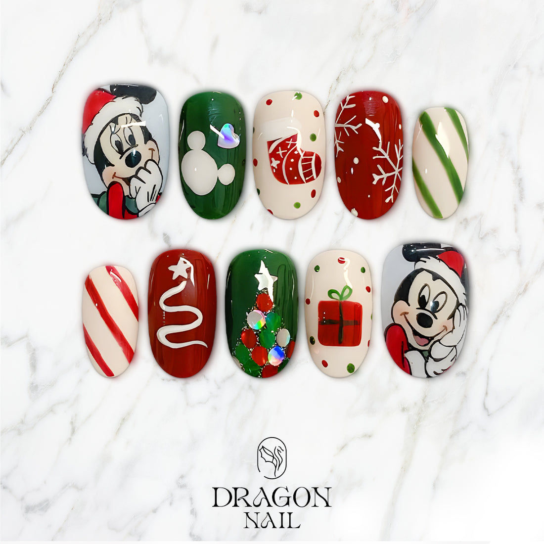 Cute Christmas Cartoon Press On Nails, Red Green Holiday Nail Art with Santa Characters &amp; Gift Design, Handmade Festive Nails