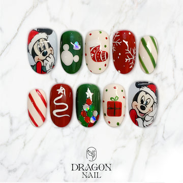 Cute Christmas Cartoon Press On Nails, Red Green Holiday Nail Art with Santa Characters &amp; Gift Design, Handmade Festive Nails