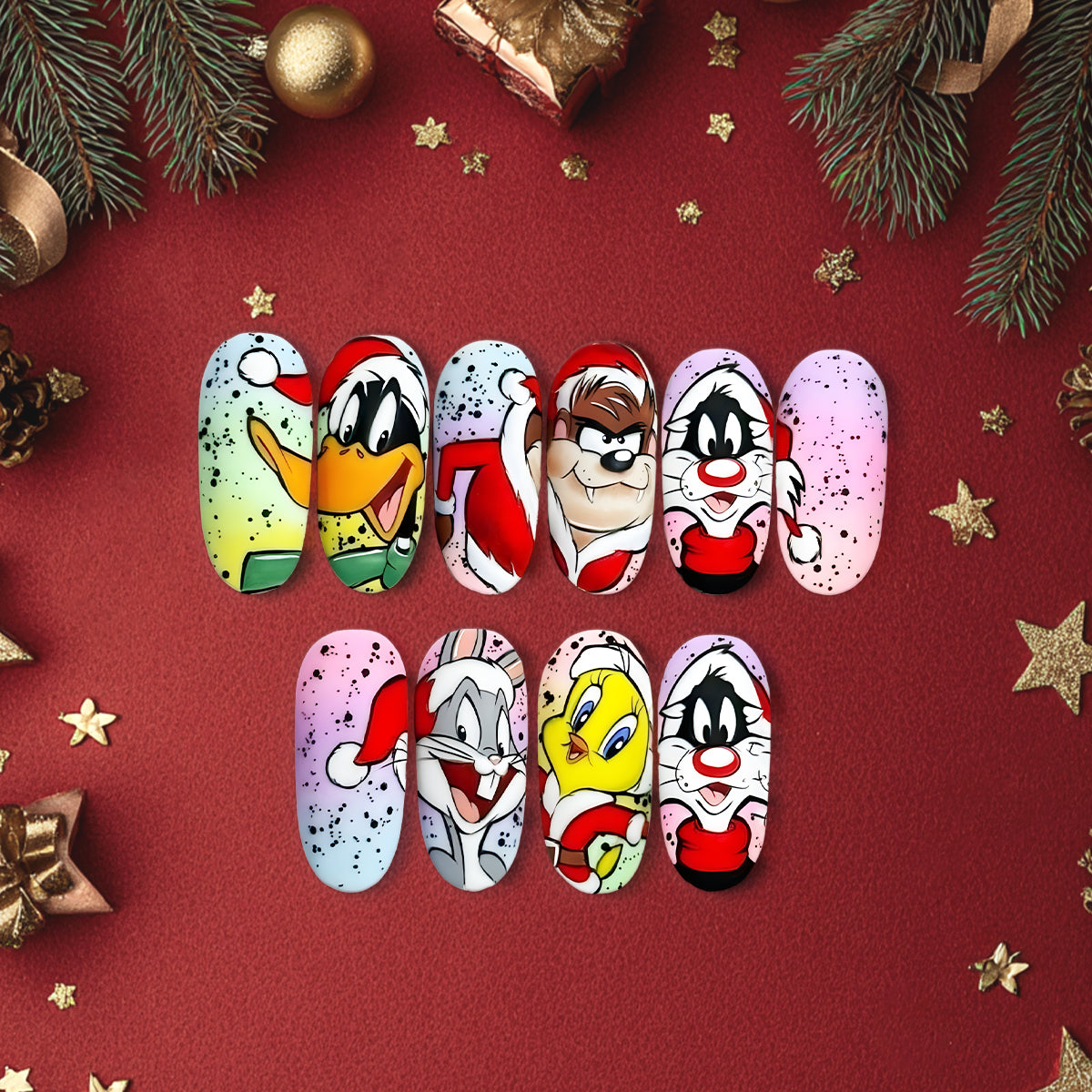 Christmas Cartoon Character Press On Nails, Looney Tunes Holiday Nail Art Set, Hand-Painted Festive Nails for Christmas Lovers